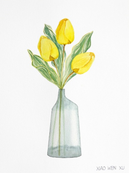 Xiao Wen Xu: Yellow Tulip Bouquet in Vase