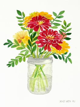Xiao Wen Xu: Zinnia Bouquet in Glass Jar III
